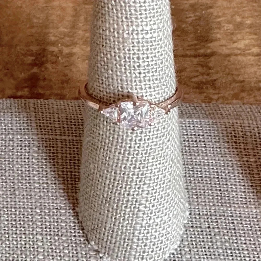 Princess Cut 18k Rose Gold Coated Over Brass Dainty 3 Stone Promise Ring - Picture 4 of 7